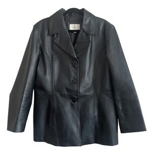VTG Y2K 90s Indie Grunge Boxy Black Leather Long Jacket Womens XL Edgy Goth